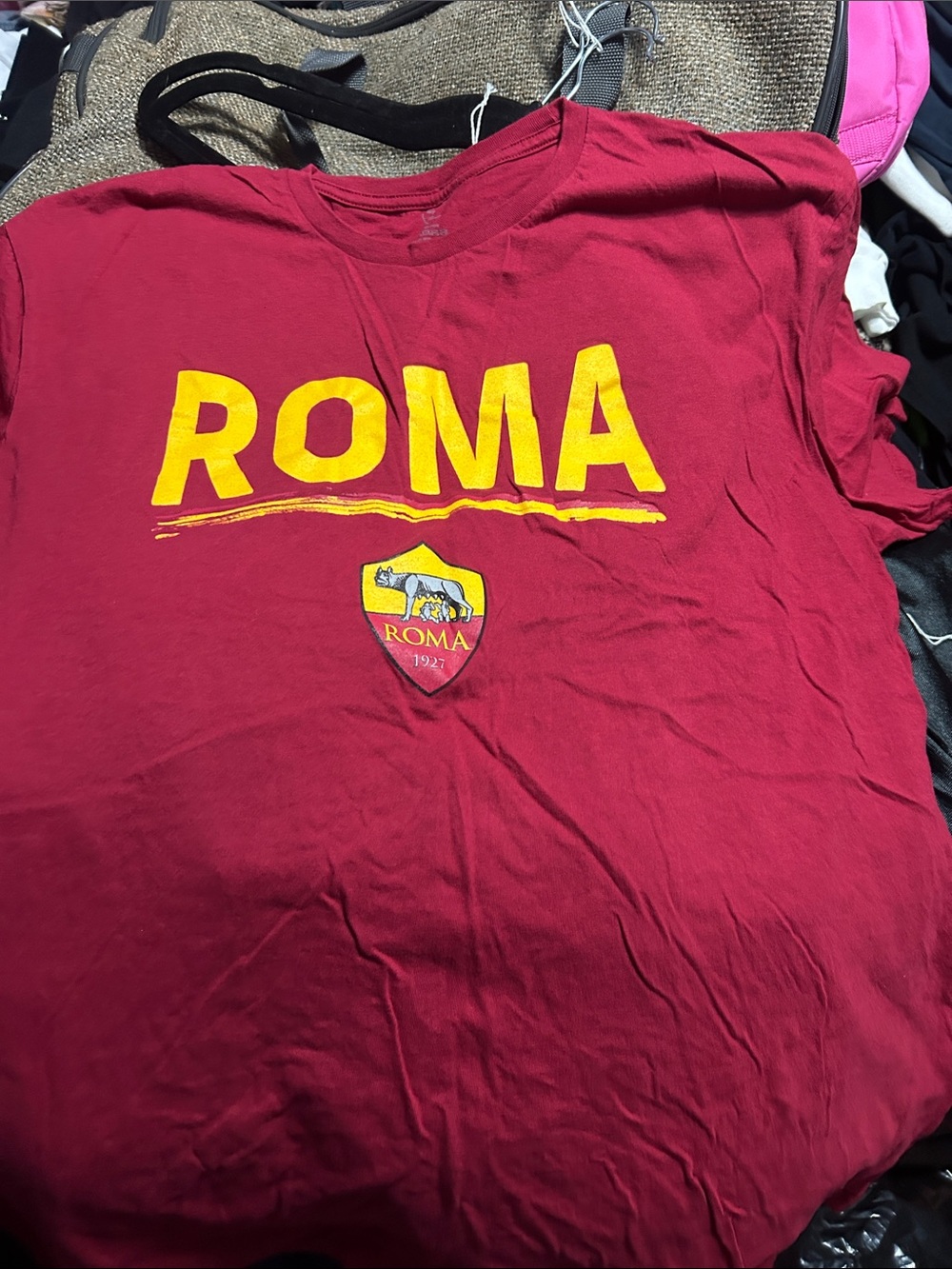 Roma Kids Burgundy Tee with Yellow ROMA Logo
